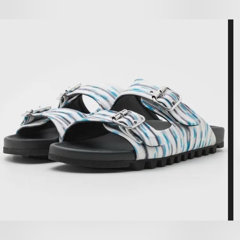 Missoni Mens 2 strap double Buckle Sandals - Black, Blue, and White/ slides slip